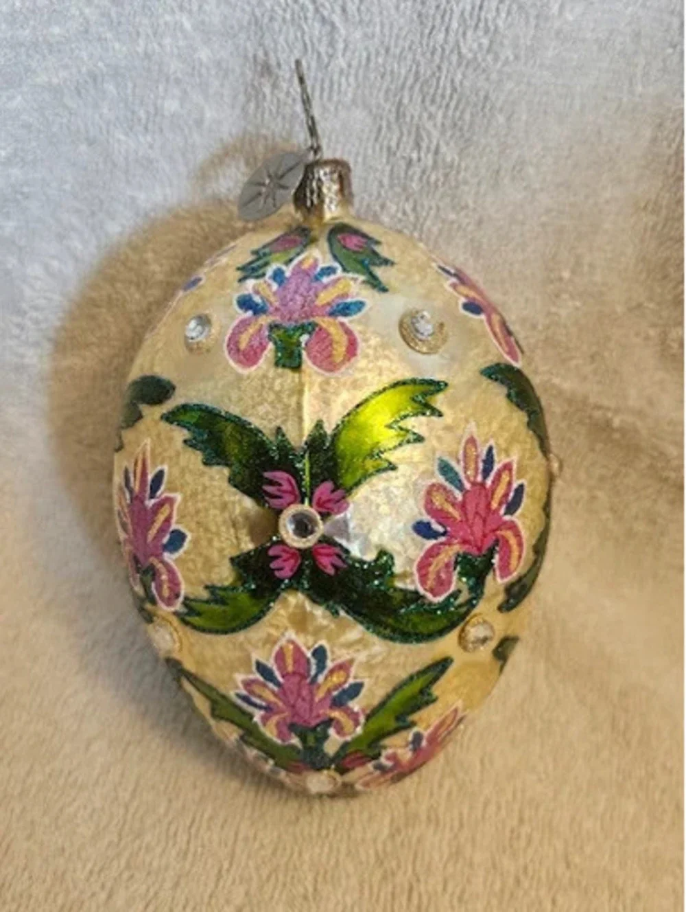 Vtg Hand-Painted Blown Glass Egg Ornament Floral Rhinestones 5